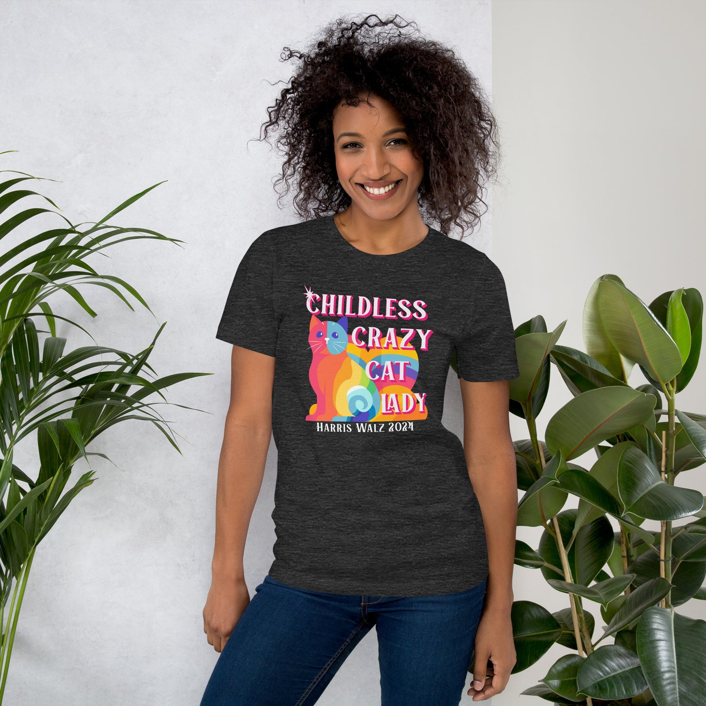 Rainbow Cat, Childless Crazy Cat Lady, Harris/Walz, Unisex t-shirt