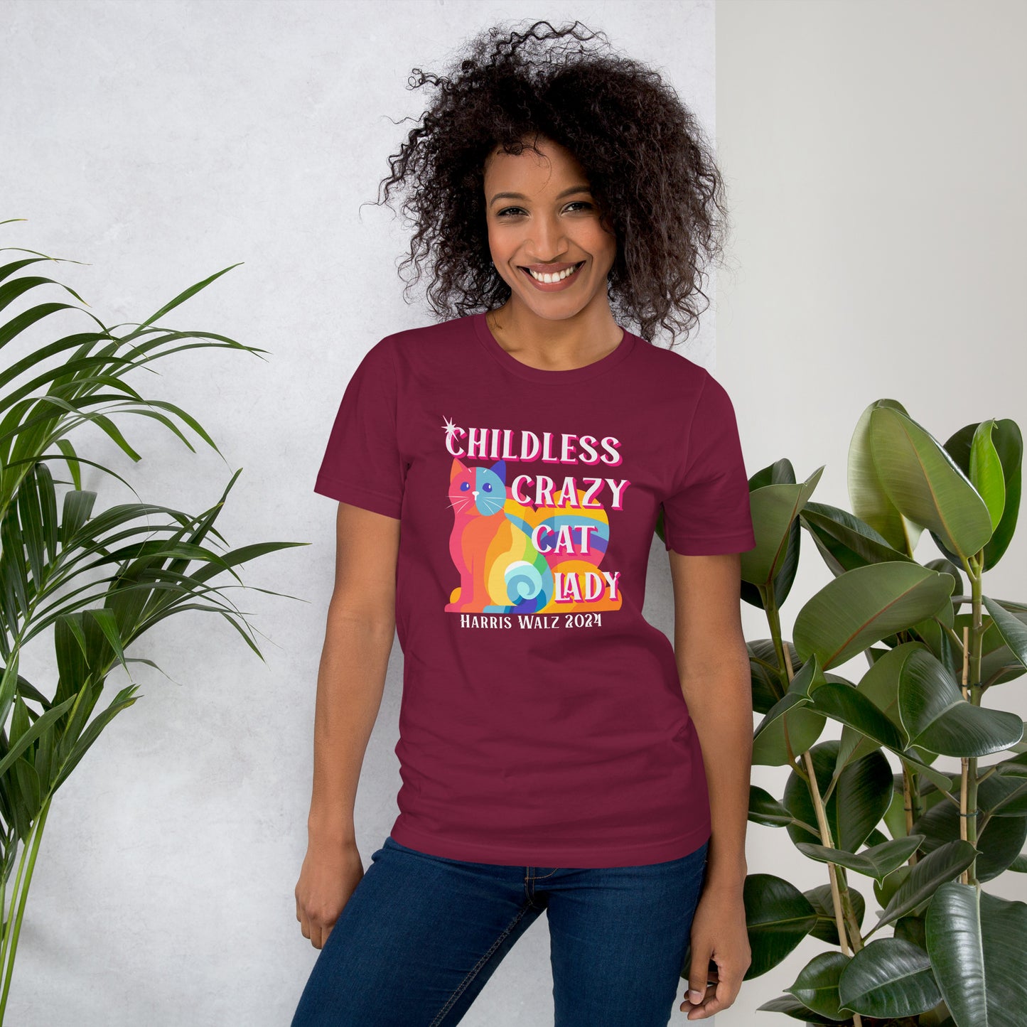 Rainbow Cat, Childless Crazy Cat Lady, Harris/Walz, Unisex t-shirt