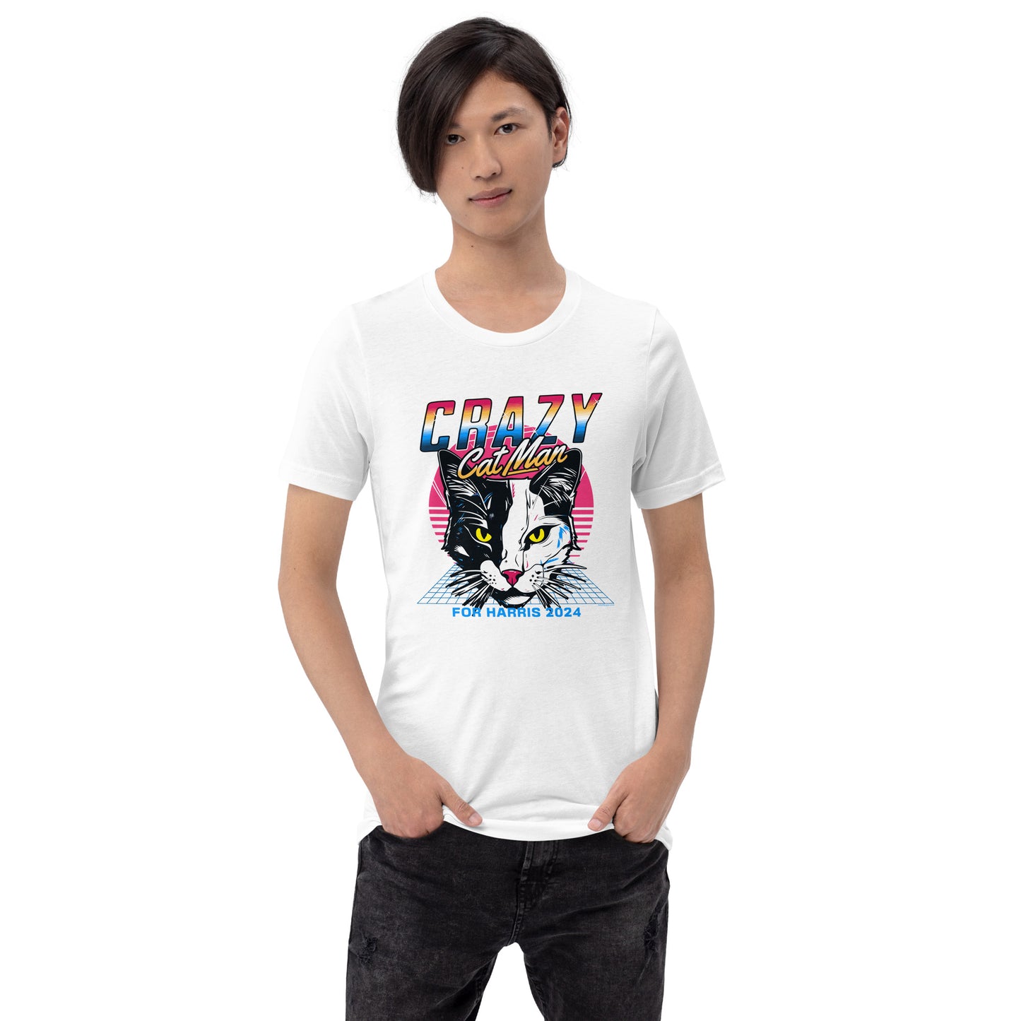 Crazy Cat MAN For Harris 2024 80's Themed, Unisex t-shirt